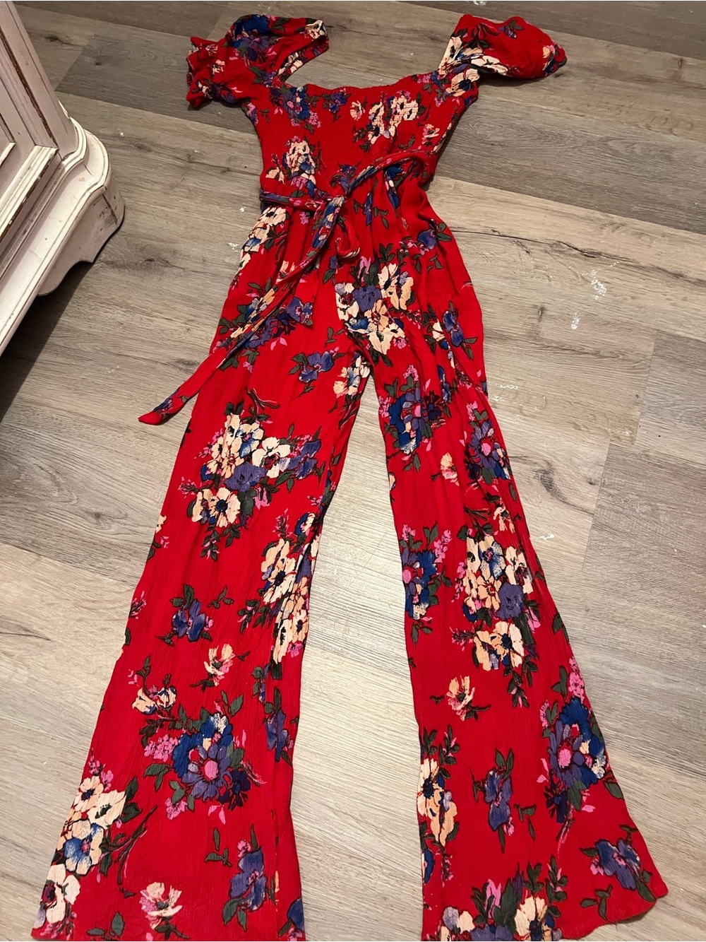 Band of Gypsies Red Floral Jumpsuit with Blue & White Accents